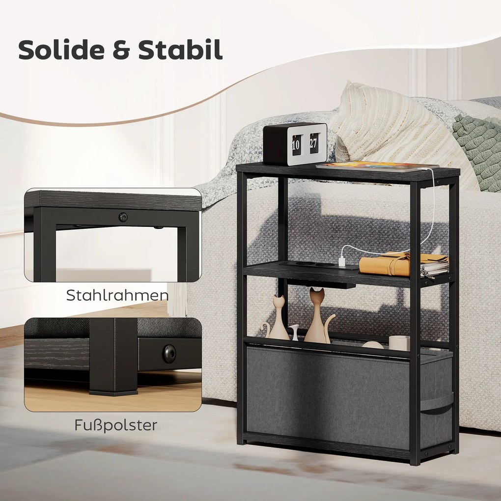 Κομοδίνο τραπεζάκι σαλονιού με πρίζες, ράφι, για μικρούς χώρους, 45x18x60,2cm, Μαύρο