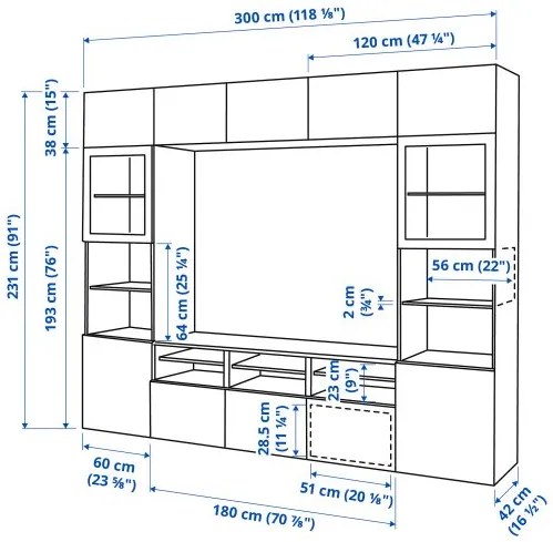 BESTÅ σύνθεση αποθήκευσης TV/γυάλινες πόρτες/συρτάρια ανοίγματος με πίεση, 300x42x231 cm 594.110.09