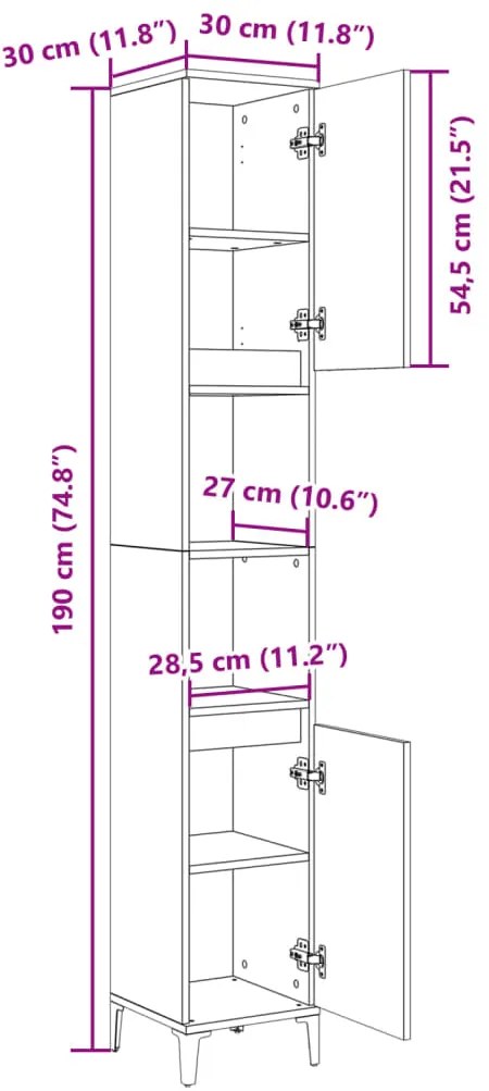 Ντουλάπι Μπάνιου Sonoma Δρυς 30x30x190 εκ. Επεξεργασμένο Ξύλο - Καφέ