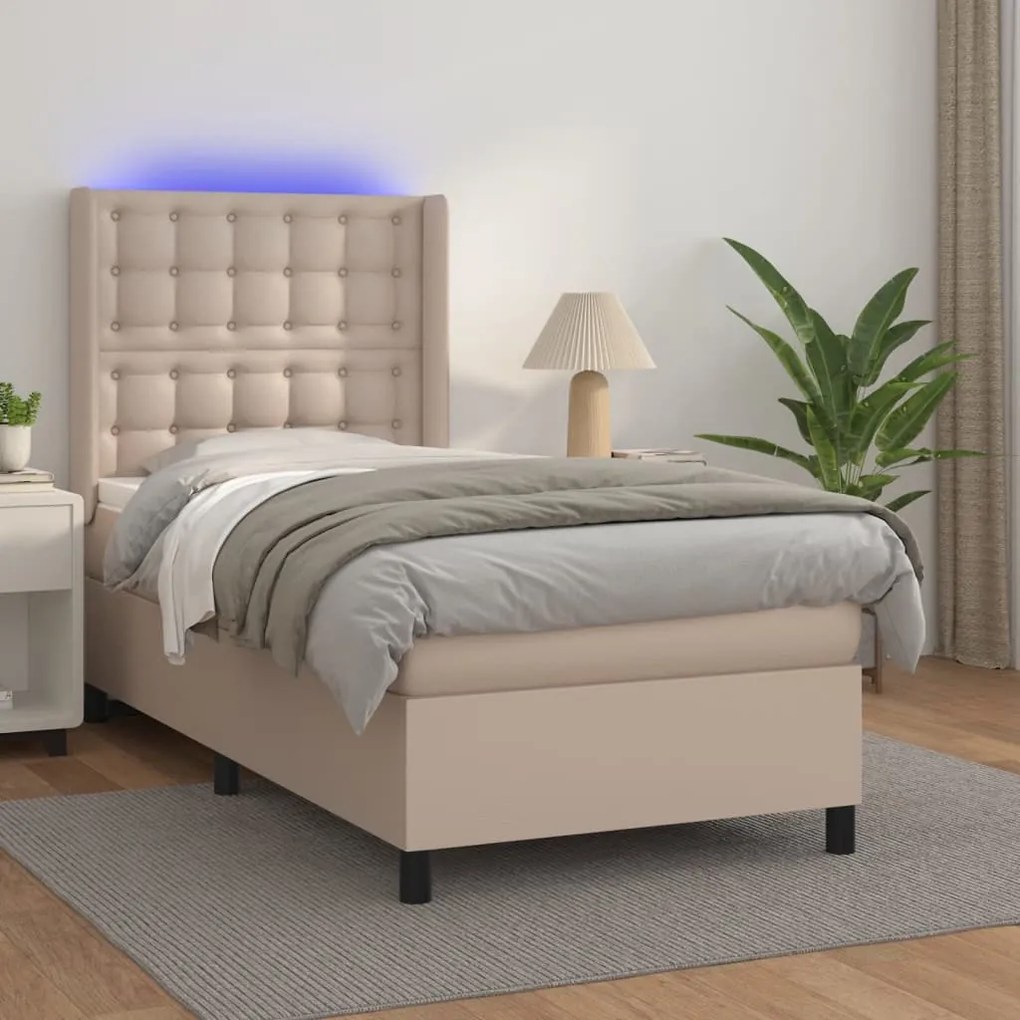 Κρεβάτι Boxspring Στρώμα&amp;LED Καπουτσίνο 80x200 εκ. Συνθ. Δέρμα