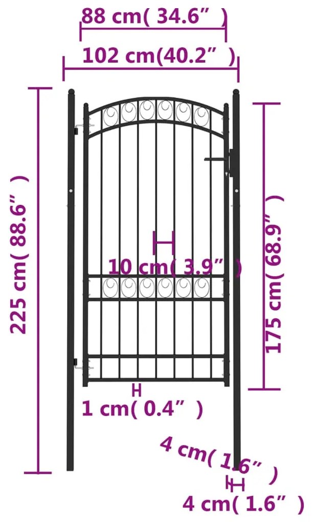 vidaXL Πόρτα Περίφραξης με Αψιδωτή Κορυφή Μαύρη 100x175 εκ. από Ατσάλι