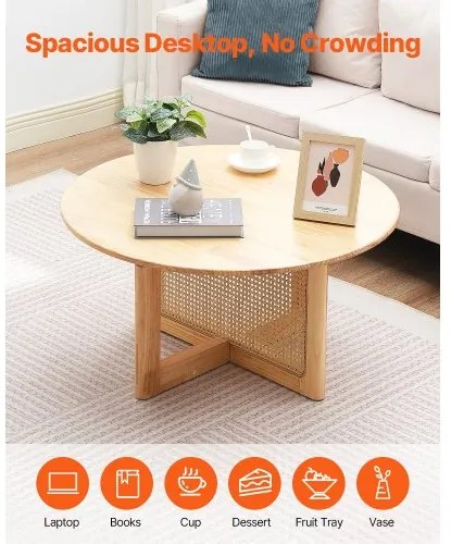 VEVOR Rattan Coffee Table Round Wood Coffee Table Single Tier for Living Room