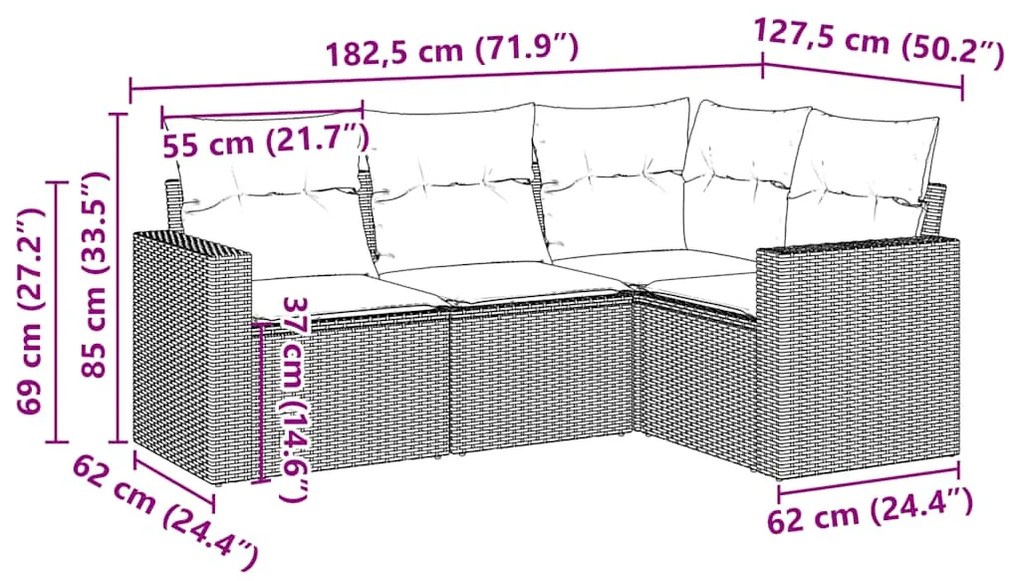 vidaXL Σαλόνι Κήπου Σετ 4 Τεμαχίων Καφέ Συνθετικό Ρατάν με Μαξιλάρια