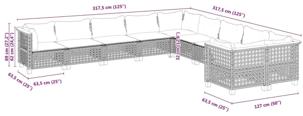 vidaXL Σαλόνι Κήπου 10 Τεμαχίων Γκρι από Συνθετικό Ρατάν με Μαξιλάρια