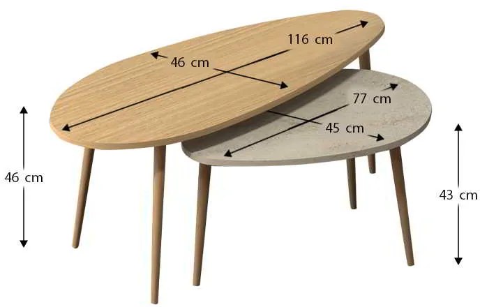 Τραπεζάκι σαλονιού σετ 2 τμχ Elips Megapap χρώμα oak - travertine 116x46x46εκ.