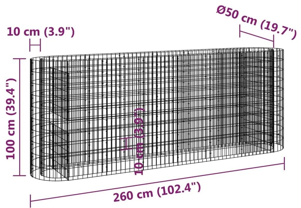 Συρματοκιβώτιο-Γλάστρα Υπερυψωμένη 260x50x100 εκ Γαλβαν. Ατσάλι - Ασήμι