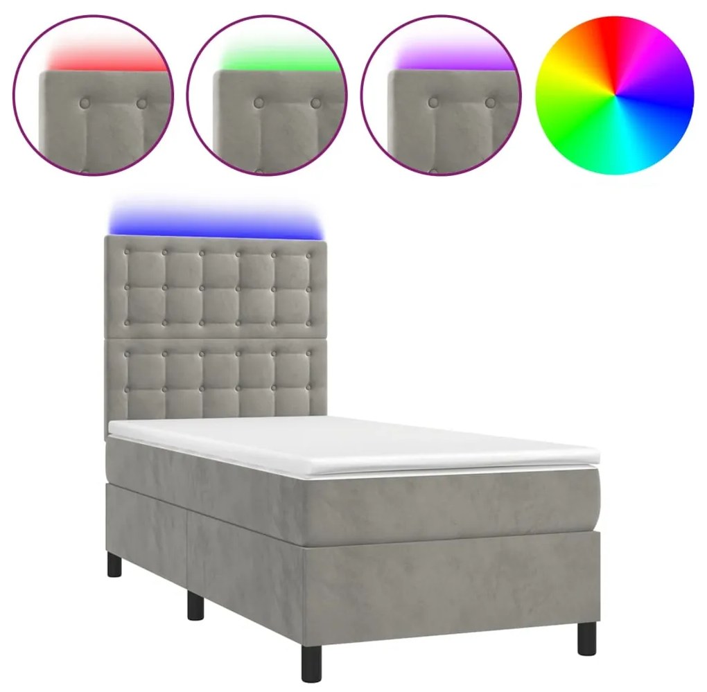 Κρεβάτι Boxspring με Στρώμα &amp; LED Αν.Γκρι 90x190 εκ. Βελούδινο - Γκρι