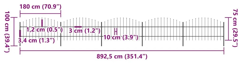 vidaXL Φράχτης Κήπου με Κορυφή Δόρυ από Ατσάλι 892,5 x 100 εκ. Μαύρος