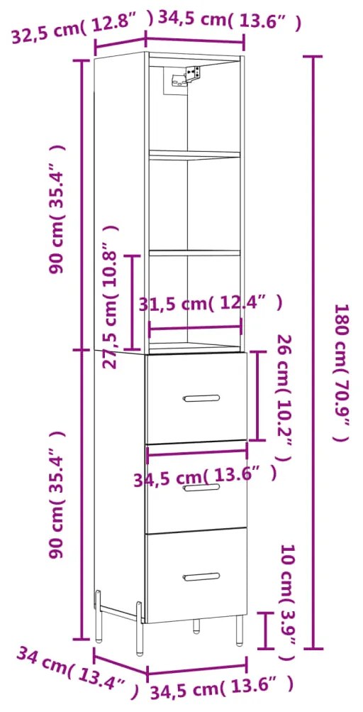 Ντουλάπι Μαύρο 34,5 x 34 x 180 εκ. από Επεξεργασμένο Ξύλο - Μαύρο