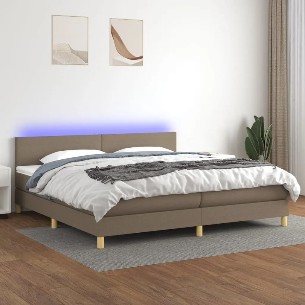 Κρεβάτι Boxspring με Στρώμα &amp; LED Taupe 200x200 εκ. Υφασμάτινο