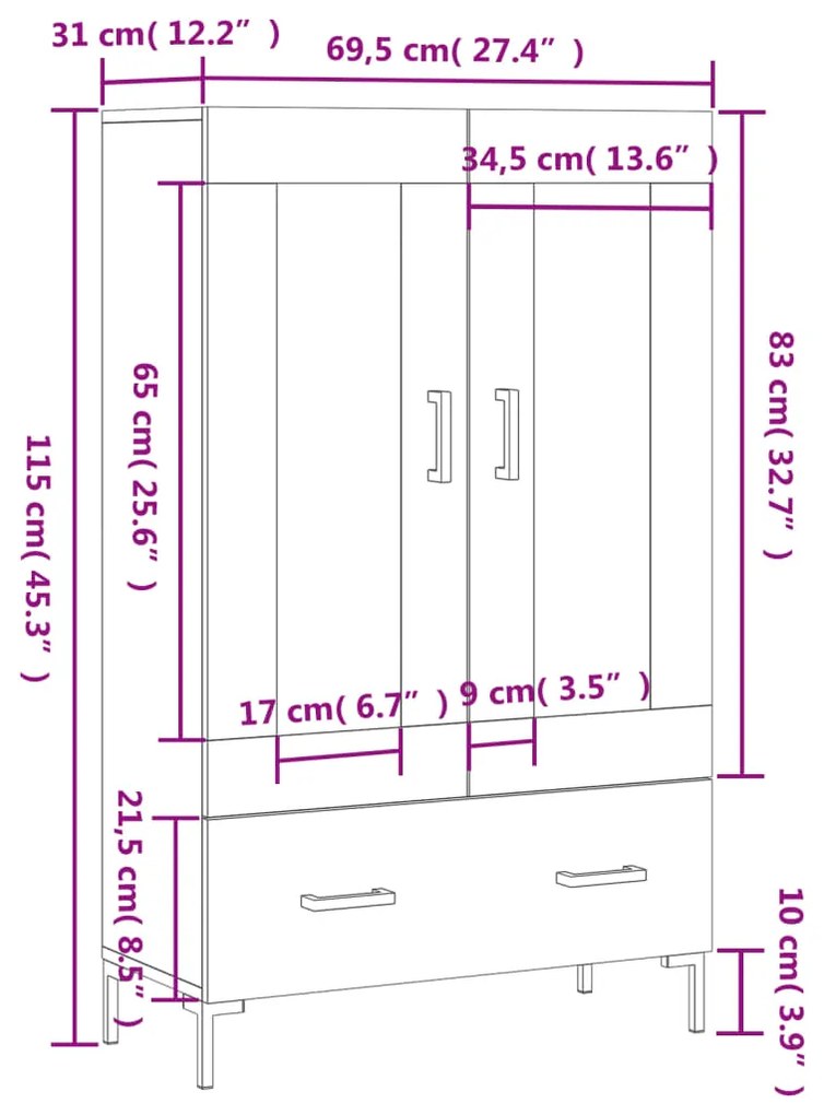 Ντουλάπα Μαύρη 69,5 x 31 x 115 εκ. από Επεξεργασμένο Ξύλο - Μαύρο