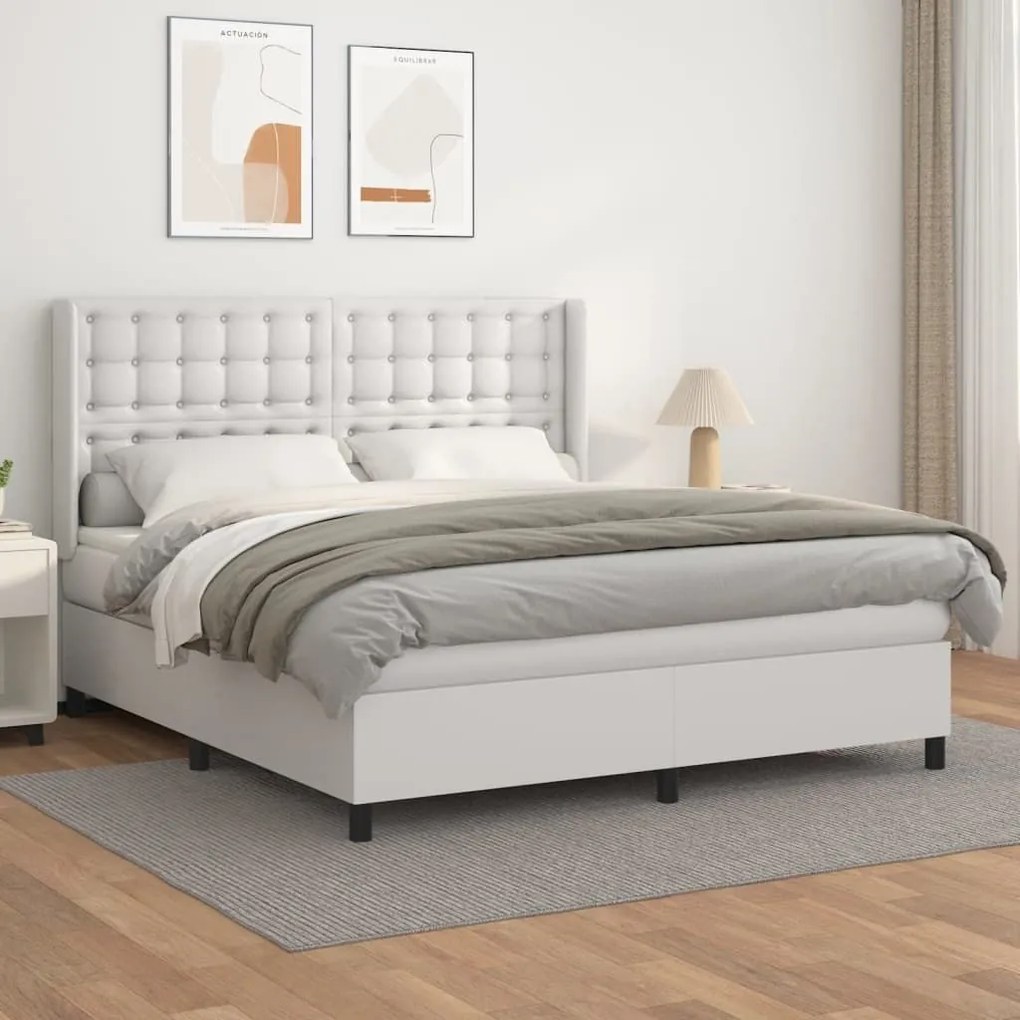 Κρεβάτι Boxspring με Στρώμα Λευκό 180x200 εκ. Συνθετικό Δέρμα - Λευκό