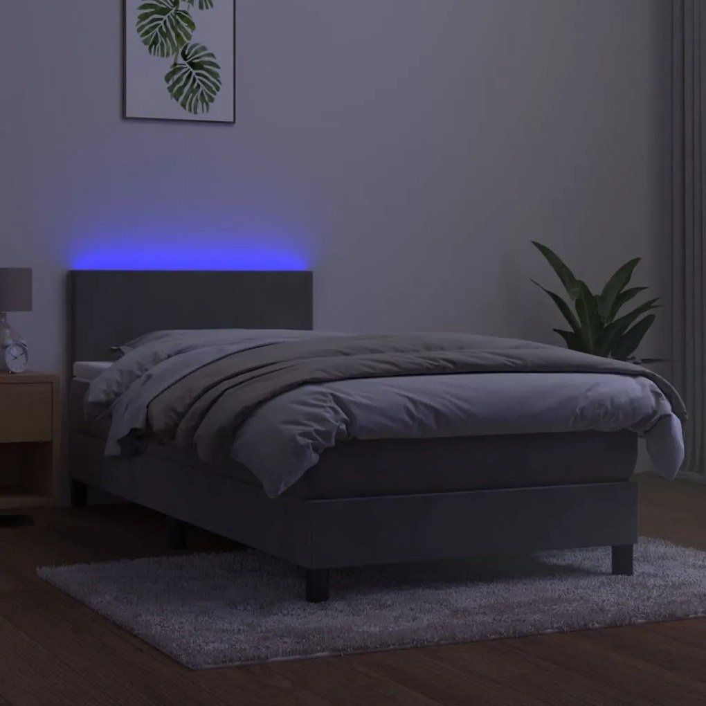 Κρεβάτι Boxspring με Στρώμα &amp; LED Αν.Γκρι 90x200 εκ. Βελούδινο - Γκρι