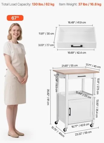 VEVOR 45x59cm Kitchen Island Cart Rolling Storage Table with Single Door Cabinet