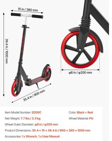 VEVOR Kick Scooter for Kids Ages 8+, Teens &amp; Adults, 2-Wheel Toddler Scooter with Adjustable Height Handlebar, Wide Anti-Slip Deck, Foldable Lightweight for Boys &amp; Girls up to 99.8 kg, Black + Red