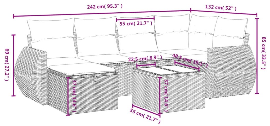 vidaXL Καναπές Σετ 7 Τεμαχίων Μαύρο Συνθετικό Ρατάν με Μαξιλάρια