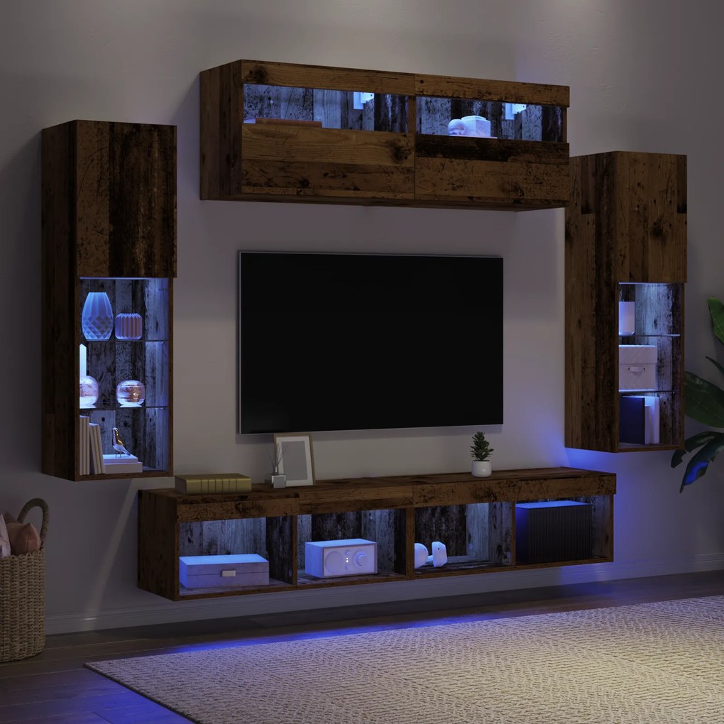 vidaXL Σετ 8 Επιτοίχιων Μονάδων TV με LED Παλαιό Ξύλο Επεξεργασμένο Ξύλο