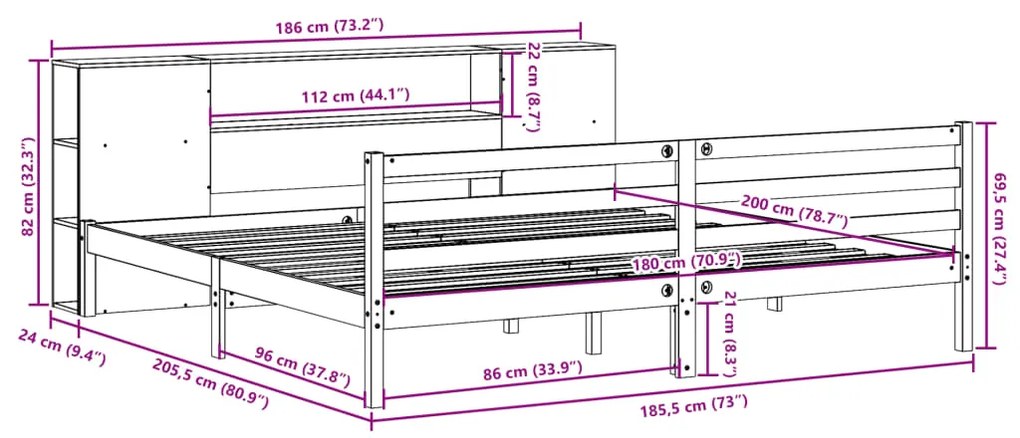 Κρεβάτι Βιβλιοθήκη Χωρίς Στρώμα 180x200 εκ Μασίφ Ξύλο Πεύκου - Λευκό