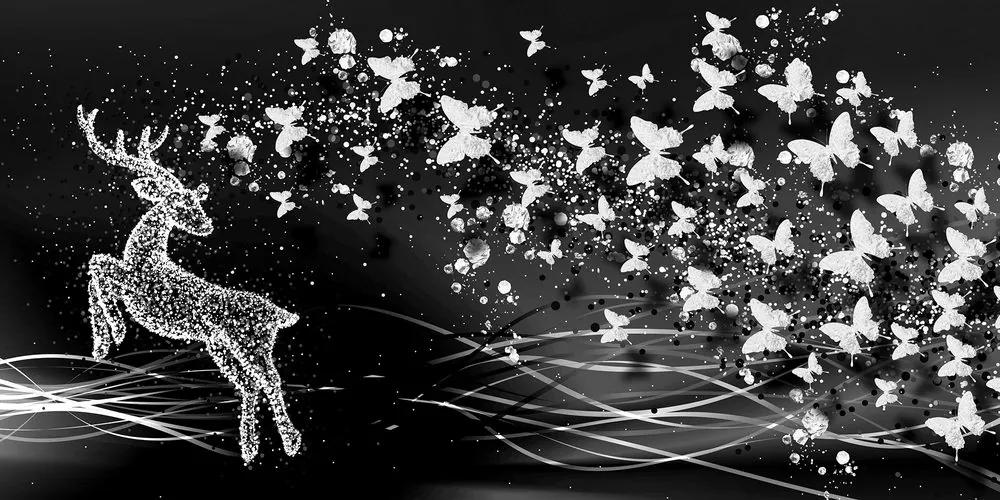 Εικόνα ενός όμορφου ελαφιού με πεταλούδες σε μαύρο & άσπρο - 100x50
