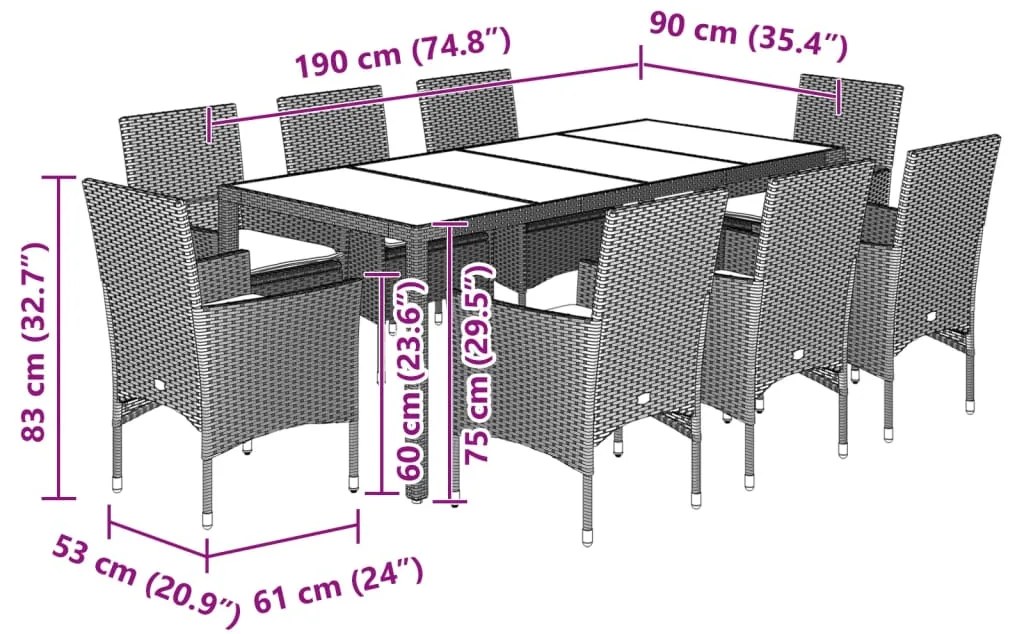 vidaXL Σετ Τραπεζαρίας Κήπου 9 τεμ Μαύρο Συνθ.Ρατάν/Γυαλί με Μαξιλάρια
