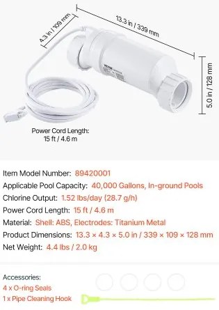 VEVOR Salt Water Chlorinator System W3T-Cell-15 for In-Ground Pool 40000 Gallons