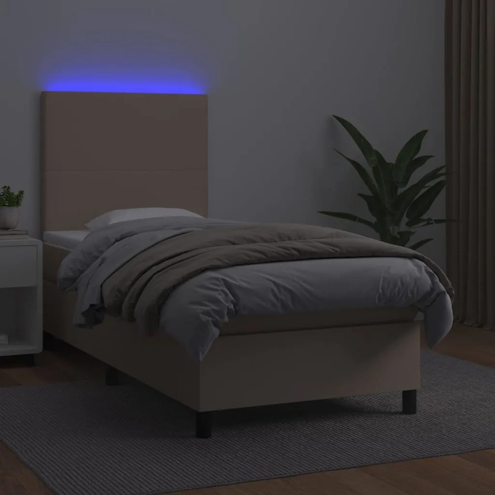 Κρεβάτι Boxspring Στρώμα&amp;LED Καπουτσίνο 100x200 εκ. Συνθ. Δέρμα - Καφέ