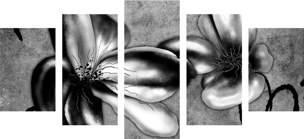 Εικόνα 5 μερών ενδιαφέροντα vintage λουλούδια σε μαύρο & άσπρο - 100x50