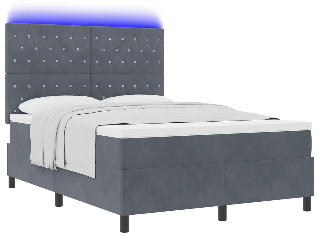 vidaXL Κρεβάτι Box Spring με Στρώμα & LED Dark Grey 140x200 εκ. Βελούδο