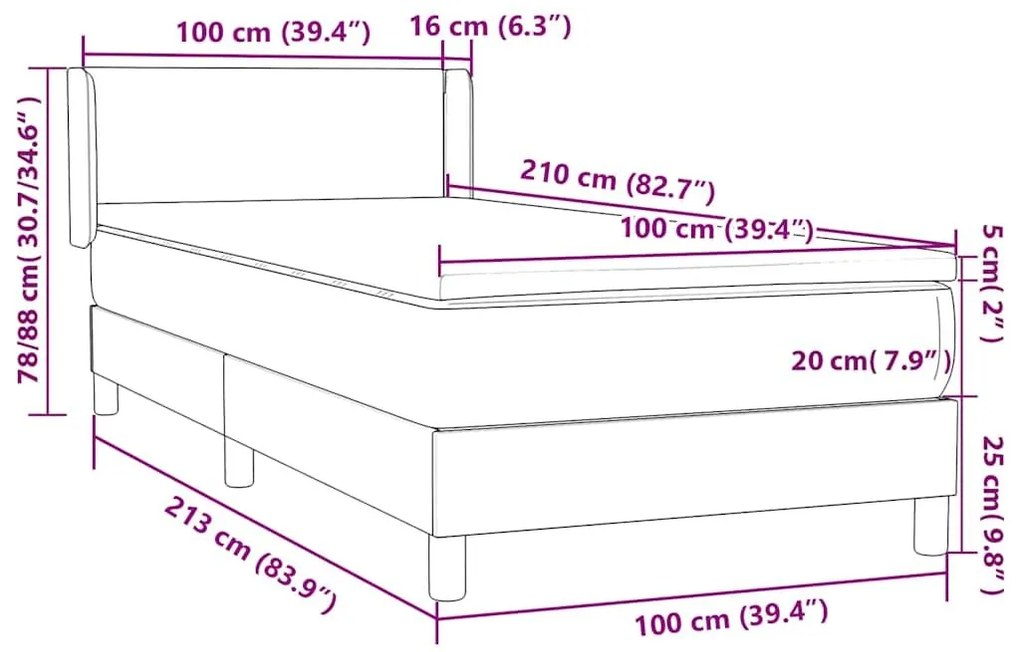 Κρεβάτι Boxspring με Στρώμα Ανοιχτό Γκρι 100x210 εκ. Βελούδινο - Γκρι