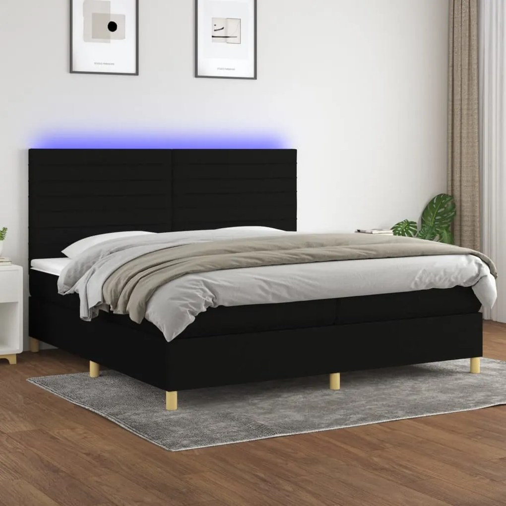 vidaXL Κρεβάτι Boxspring με Στρώμα & LED Μαύρο 200x200 εκ. Υφασμάτινο