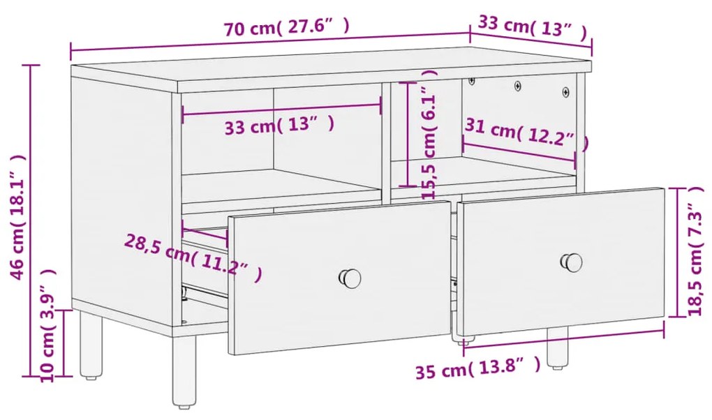 Έπιπλο Τηλεόρασης Μαύρο 70 x 33 x 46 εκ. από Μασίφ Ξύλο Μάνγκο - Μαύρο