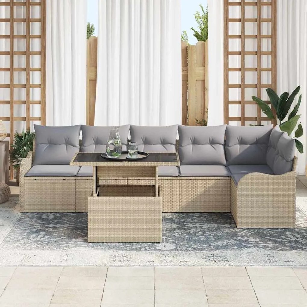 vidaXL Σετ Καναπέ Κήπου με μαξιλάρι 7 pcs Μπεζ Πολυ ράταν