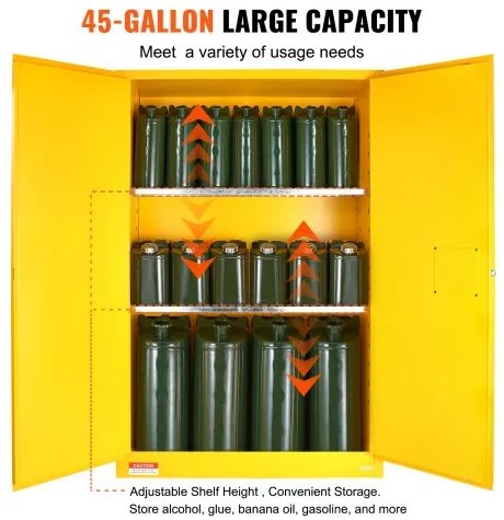 VEVOR Flammable Safety Cabinet, 45 Gal, Cold-Rolled Steel Flammable Liquid Storage Cabinet, 42.9 x 18.1 x 65.2 in Explosion Proof with 2 Adjustable Shelves 2 Manual Doors for Industrial Use, Yellow