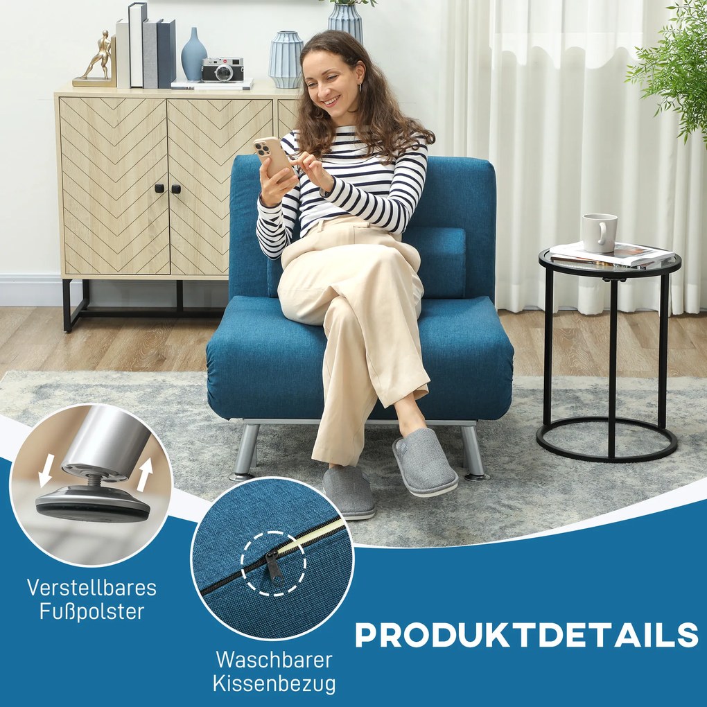 HOMCOM Πολυθρόνα-κρεβάτι, αναδιπλούμενη πολυθρόνα Relax με όψη λινό, Ρυθμιζόμενη πλάτη, 75 x 70 x 75 cm, Μπλε