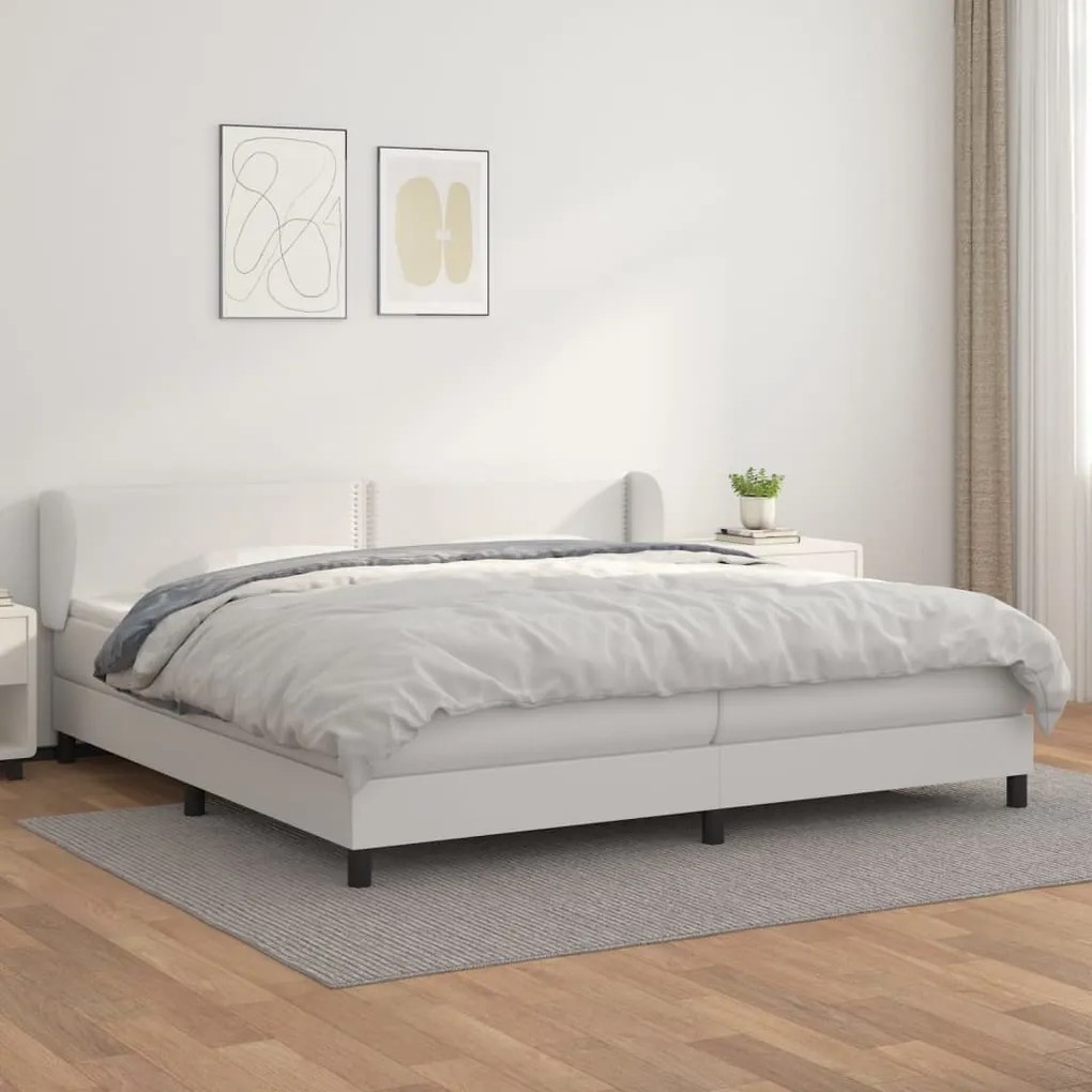 Κρεβάτι Boxspring με Στρώμα Λευκό 200x200 εκ. Συνθετικό Δέρμα