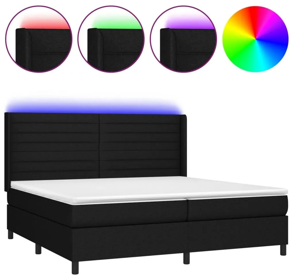 Κρεβάτι Boxspring με Στρώμα &amp; LED Μαύρο 200x200 εκ. Υφασμάτινο - Μαύρο