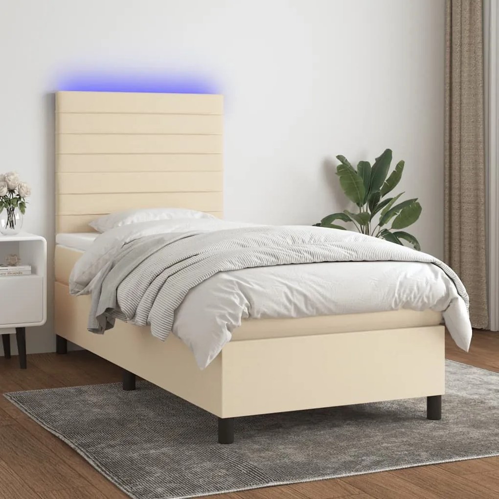 ΚΡΕΒΑΤΙ BOXSPRING ΜΕ ΣΤΡΩΜΑ &amp; LED ΚΡΕΜ 90X190 ΕΚ. ΥΦΑΣΜΑΤΙΝΟ 3134922