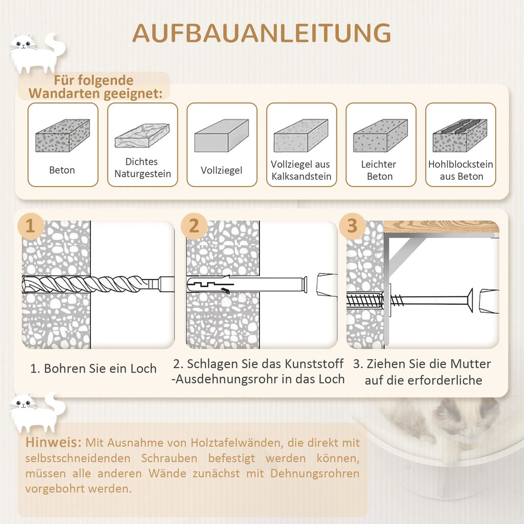 PawHut Ράφι για γάτες, επιτοίχιο, μαλακή επιφάνεια ύπνου, έως 10kg, 41x28x21cm, Λευκό