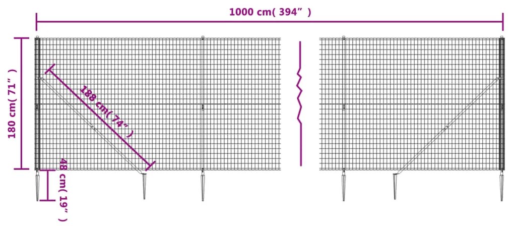 vidaXL Συρματόπλεγμα Περίφραξης Ανθρακί 1,8 x 10 μ. με Καρφωτές Βάσεις