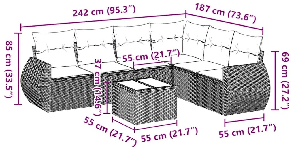 vidaXL Καναπές Σετ 7 Τεμαχίων Μαύρο Συνθετικό Ρατάν με Μαξιλάρια