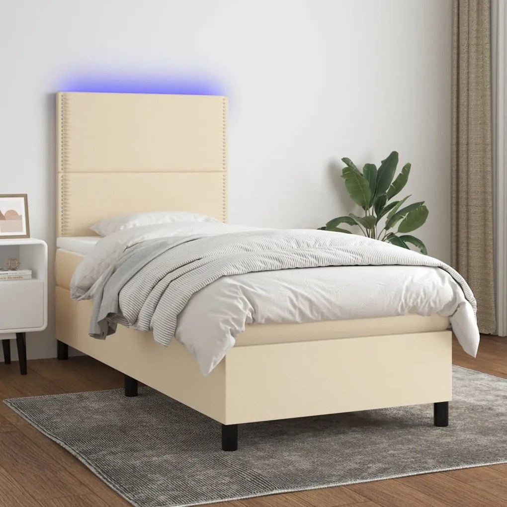 Κρεβάτι Boxspring με Στρώμα &amp; LED Κρεμ 90x190 εκ. Υφασμάτινο