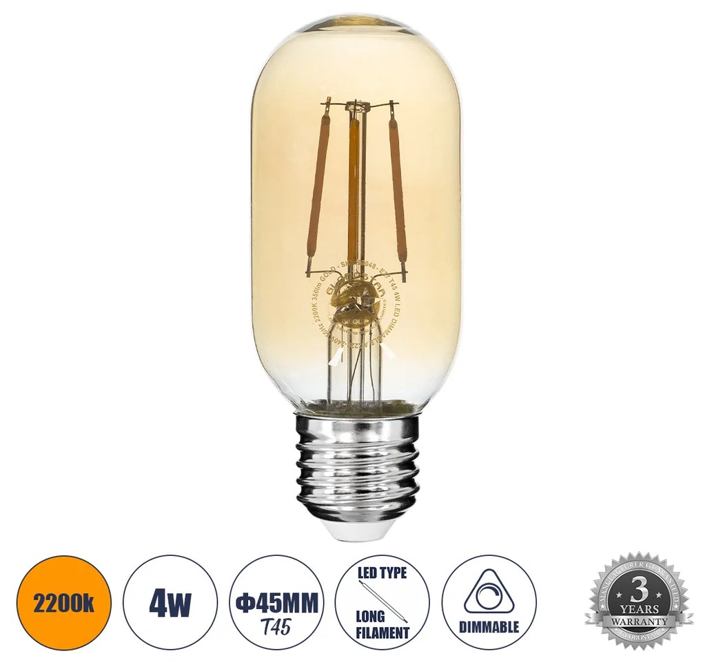 GloboStar 99048 Λάμπα LED Long Filament E27 T45 Σωλήνας 4W 350lm 360° AC 220-240V IP20 Φ4.5 x Υ11cm Ultra Θερμό Λευκό 2200K με Μελί Γυαλί - Dimmable - 3 Years Warranty - 99048