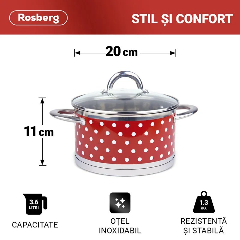 Κατσαρόλα Rosberg R51210I20, 20 cm, 3,6 λίτρα, Διπλός πάτος, Επαγωγή, Ανοξείδωτο / κόκκινο με λευκές κουκκίδες