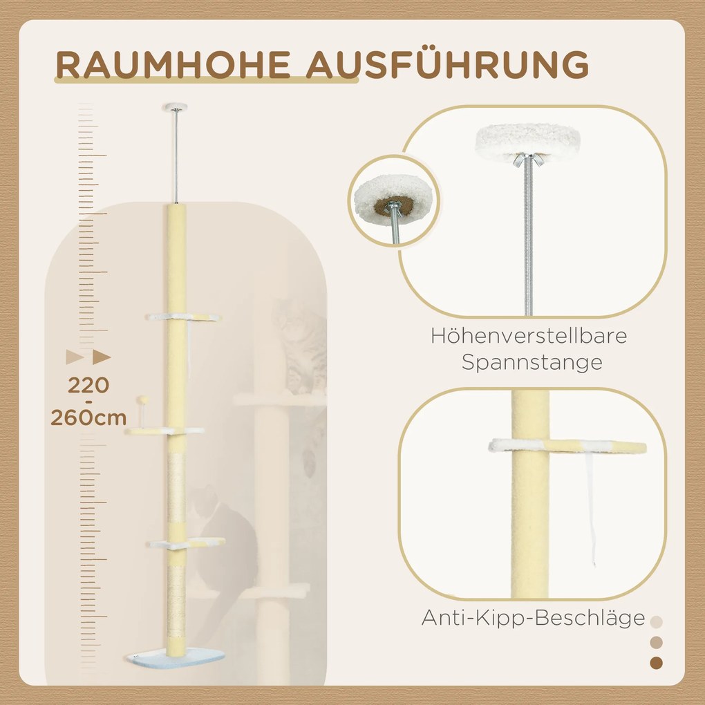 PawHut Ρυθμιζόμενο σε ύψος δέντρο για γάτες, Αντιολισθητικό, Στύλος από σιζάλ, 220-260Υ x 47Μ x 34Π cm, Κίτρινο/Λευκό/Μπλε