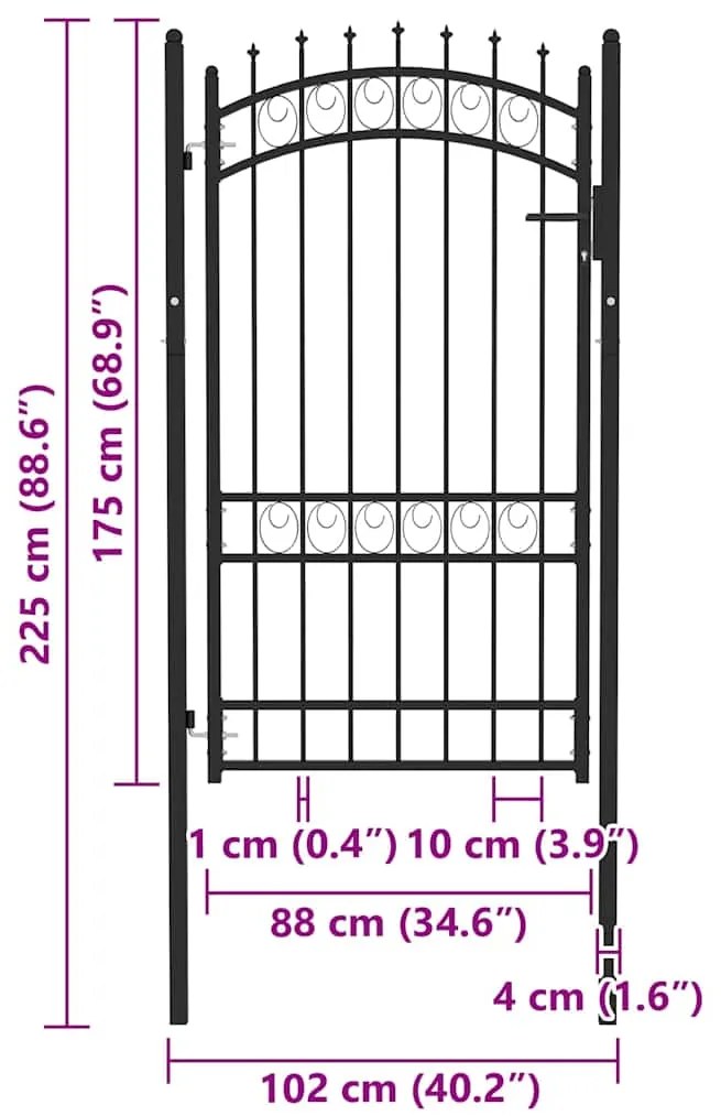 vidaXL Πόρτα Περίφραξης με Ακίδες Μαύρη 100 x 175 εκ. Ατσάλινη
