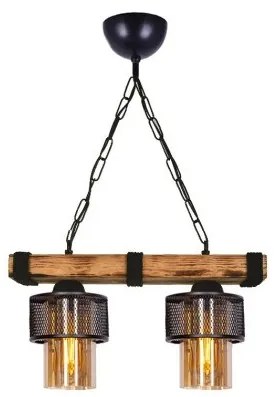 GLORA 201-0008 Vintage Κρεμαστό Φωτιστικό Ράγα Δίφωτο 2 x E27 IP20 Μπεζ Ξύλο με Μαύρο Μέταλλο &amp; Μελί Γυαλί-Μ40 x Π1 Globostar-20 201-0008