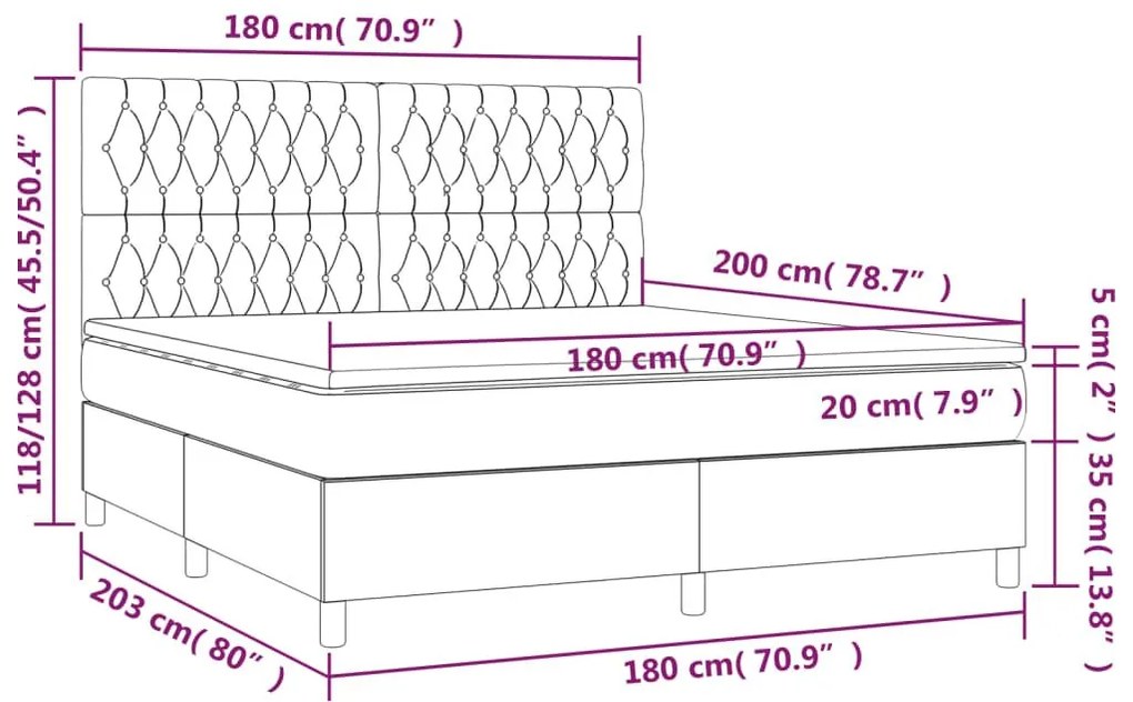 Κρεβάτι Boxspring με Στρώμα &amp; LED Σκ.Γκρι 180x200 εκ Υφασμάτινο - Γκρι