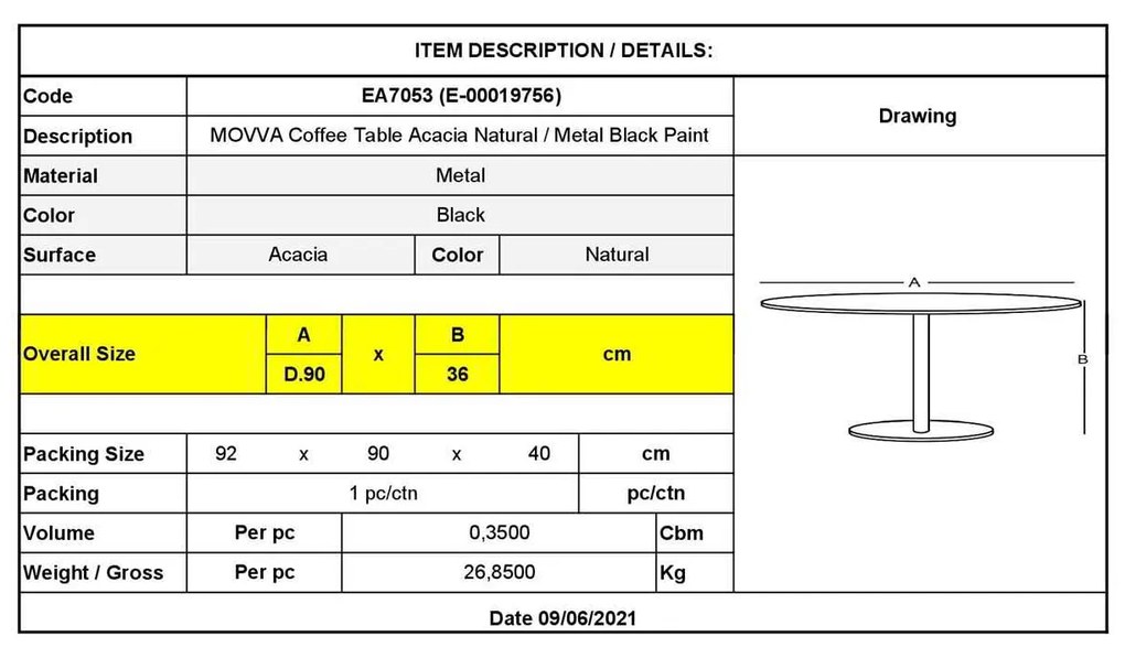 Τραπέζι Σαλονιού MOVVA Φ90x36cm  Ακακία Φυσικό/Μεταλλικό Μαύρο