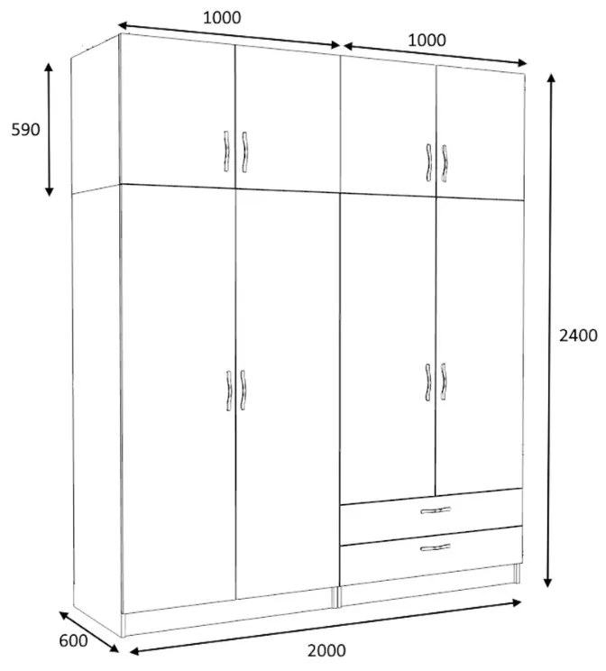 Ντουλάπα ρούχων Victoria Megapap τετράφυλλη με πατάρι και συρτάρια χρώμα καρυδί 200x60x240εκ.