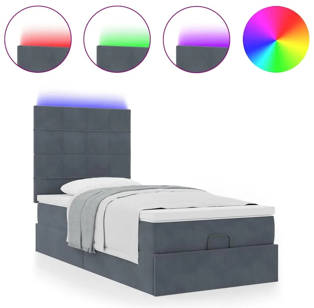 vidaXL Οθωμανικό κρεβάτι με στρώματα&LEDs Σκούρο γκρι 90x200cm Velvet